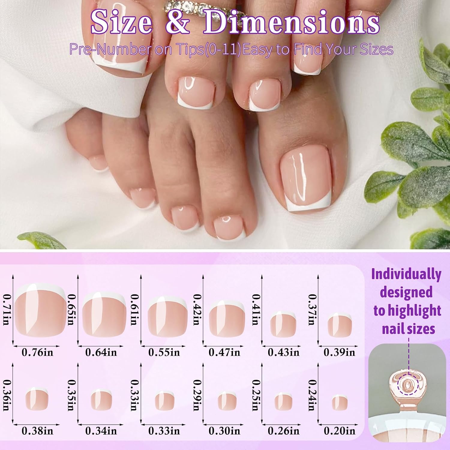216PC Press on Toenails for Women Fake Toe Press on Nails French Tip Toe Nail Press ons with Sticky Tabs, 12 Size Fake Toenails Press ons Acrylic Toe Nail Tips Kit White Press on Toe Nails-B