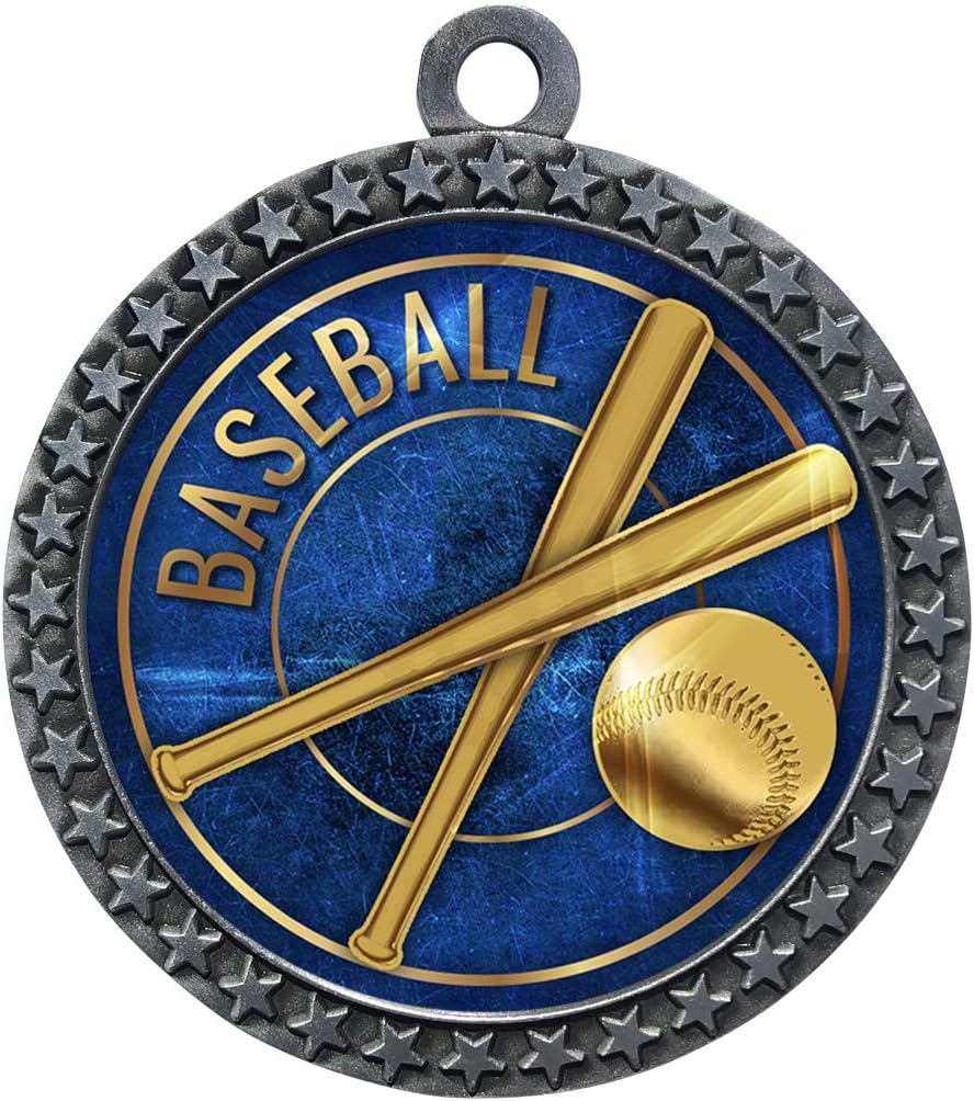 10 Pack of Baseball Silver 2.25 Inch Medals Trophy Awards with Red White Blue Neck Ribbons D212S-EG10-10PK
