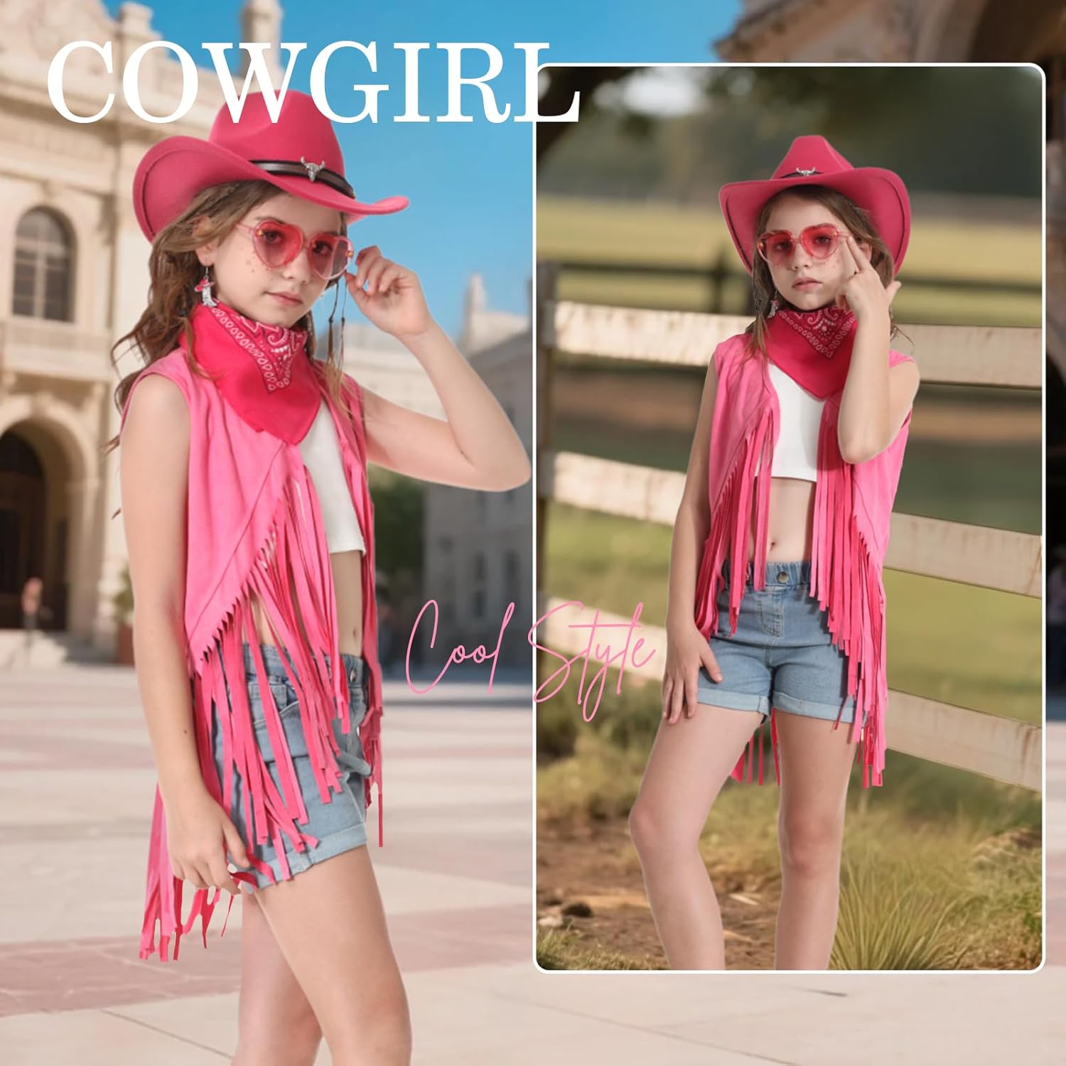 Cowgirl Outfits for Girls Kids 6 Pcs Western Costume Accessories Cowboy Hat Fringe Vest Earring for Halloween Party