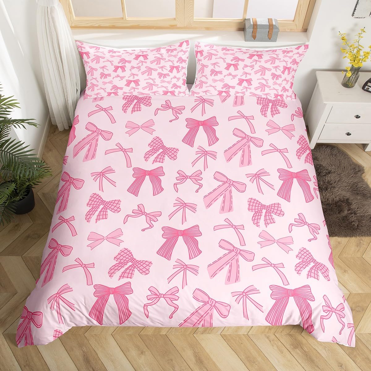 Erosebridal Pink Bowknot Kids Comforter Cover Toddler Size, Dreamy Princess Style Duvet Cover Cartoon Bow Tie Kawaii Bedding Set for Girls Boys Children Women, Cartoon Bow Knot Bed Set, Lightweight