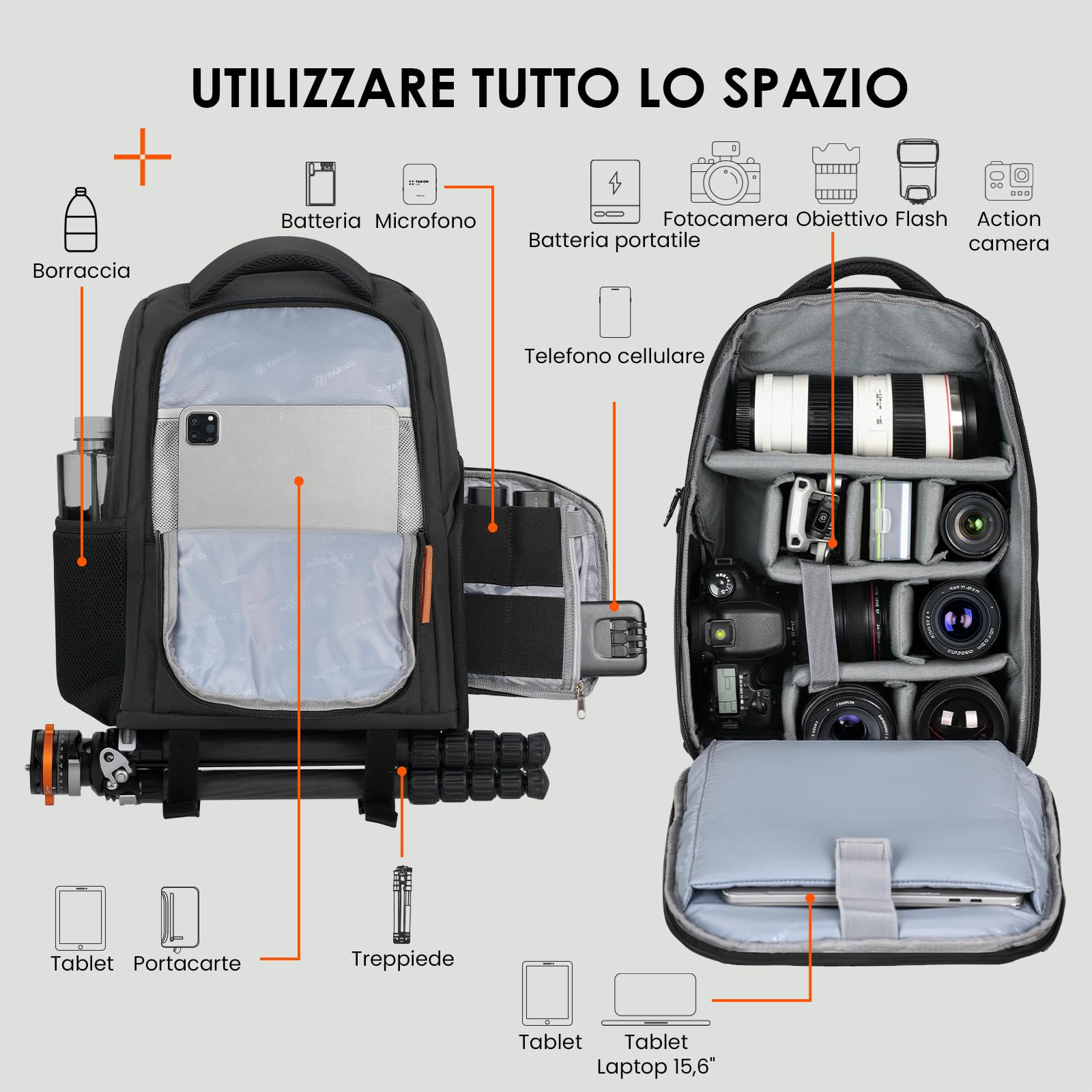 Backpack per Fotografi Maschili Tarion - Dettaglio