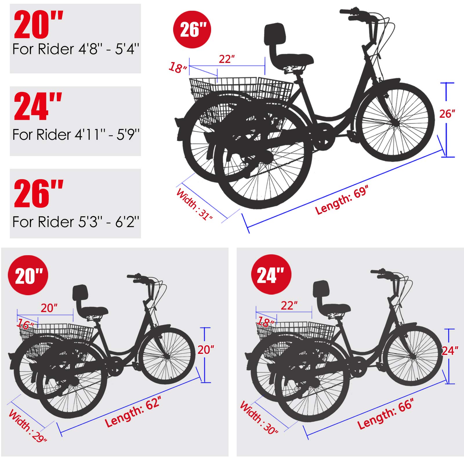Slsy Adult Tricycles 7 Speed, Adult Trikes 20/24 / 26 inch 3 Wheel Bikes, ThreeWheeled Bicycles