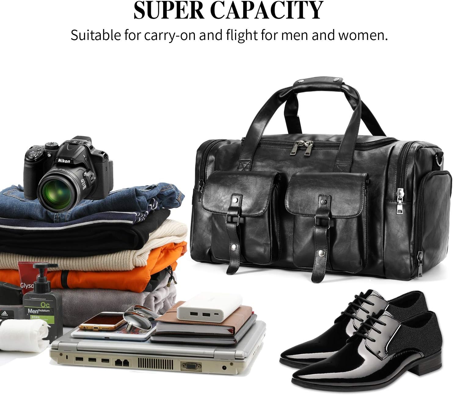 Zeroway Travel Duffel Bag with Shoe Pouch, PU leather Carry on Bag Weekender Overnight Bag for Men Women Black - Image 4