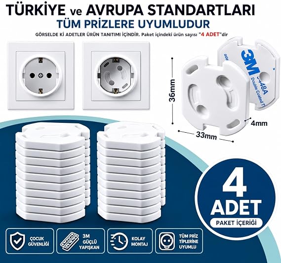 LOVEX® Elektrik Priz Kilidi Otomatik Kapanır Bebek Priz Koruyucu Kapak Çocuk & Bebek Güvenlik Ürünleri Elektrik Prizi Koruma Kilit Kapakları (4 ADET)