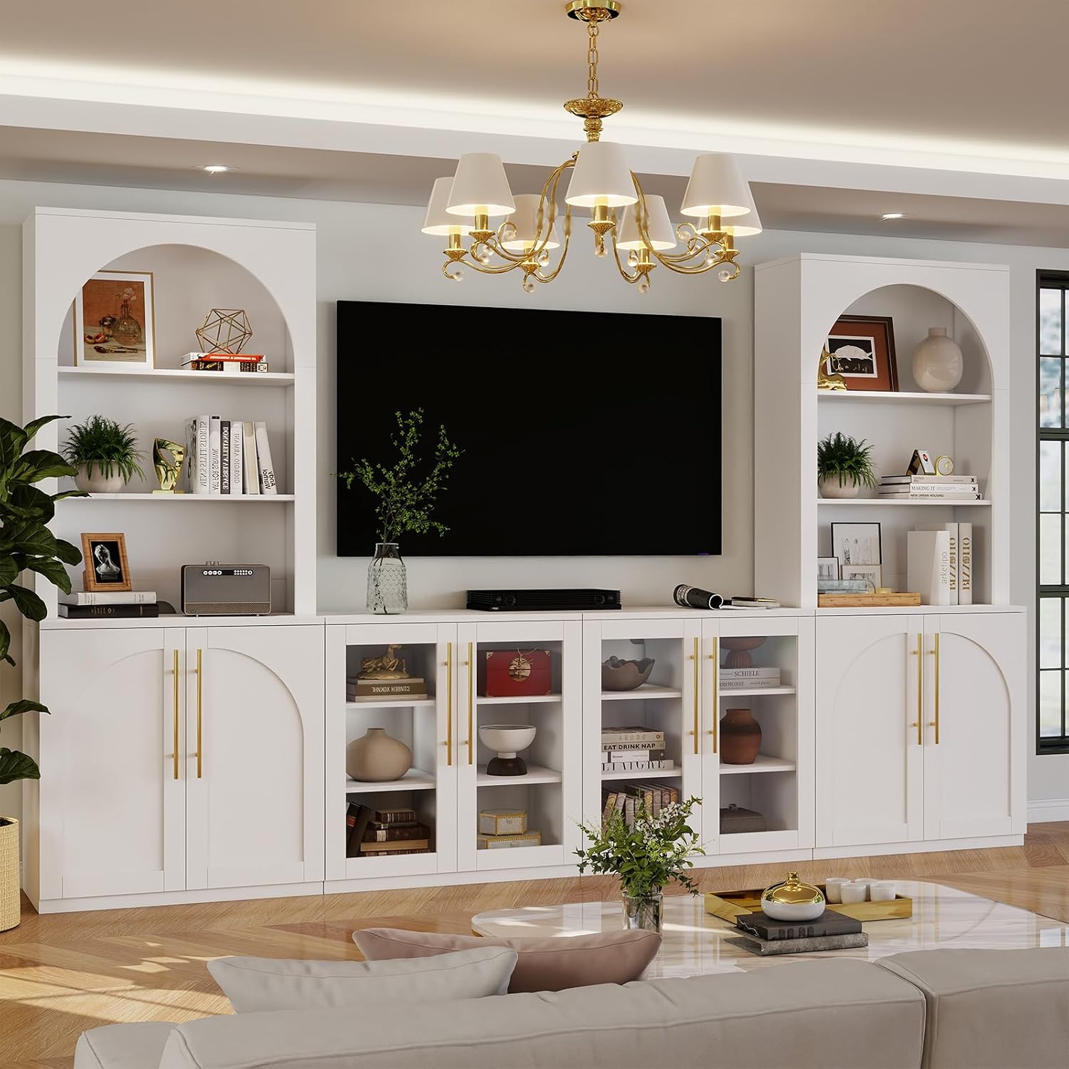 fastgo 126" Entertainment Center with Bookshelves, 8 Doors & 30 Shelves, Modern Farmhouse TV Stand Wall Unit for TVs up to 70" Media Console Storage Cabinet for Living Room Heavy-Duty White