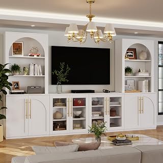 White 126-inch modular entertainment center with bookshelves and cabinets