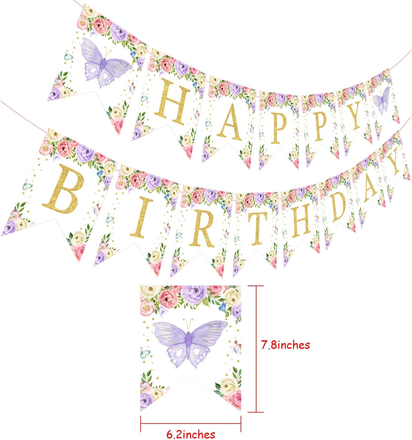 Wildflower Happy Birthday Banner Pink Purple Butterfly Birthday Party Decoration Banner Floral 1st 2nd 3rd Bday Decorations for Girls Women Fairy Garden Party Supplies