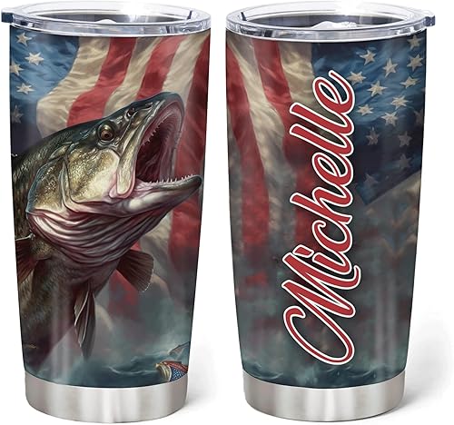 Hyturtle Regalos personalizados de pesca con bandera de Estados Unidos para hombres, papá, novio, pescador, vaso de 20 onzas, 30 onzas, vasos