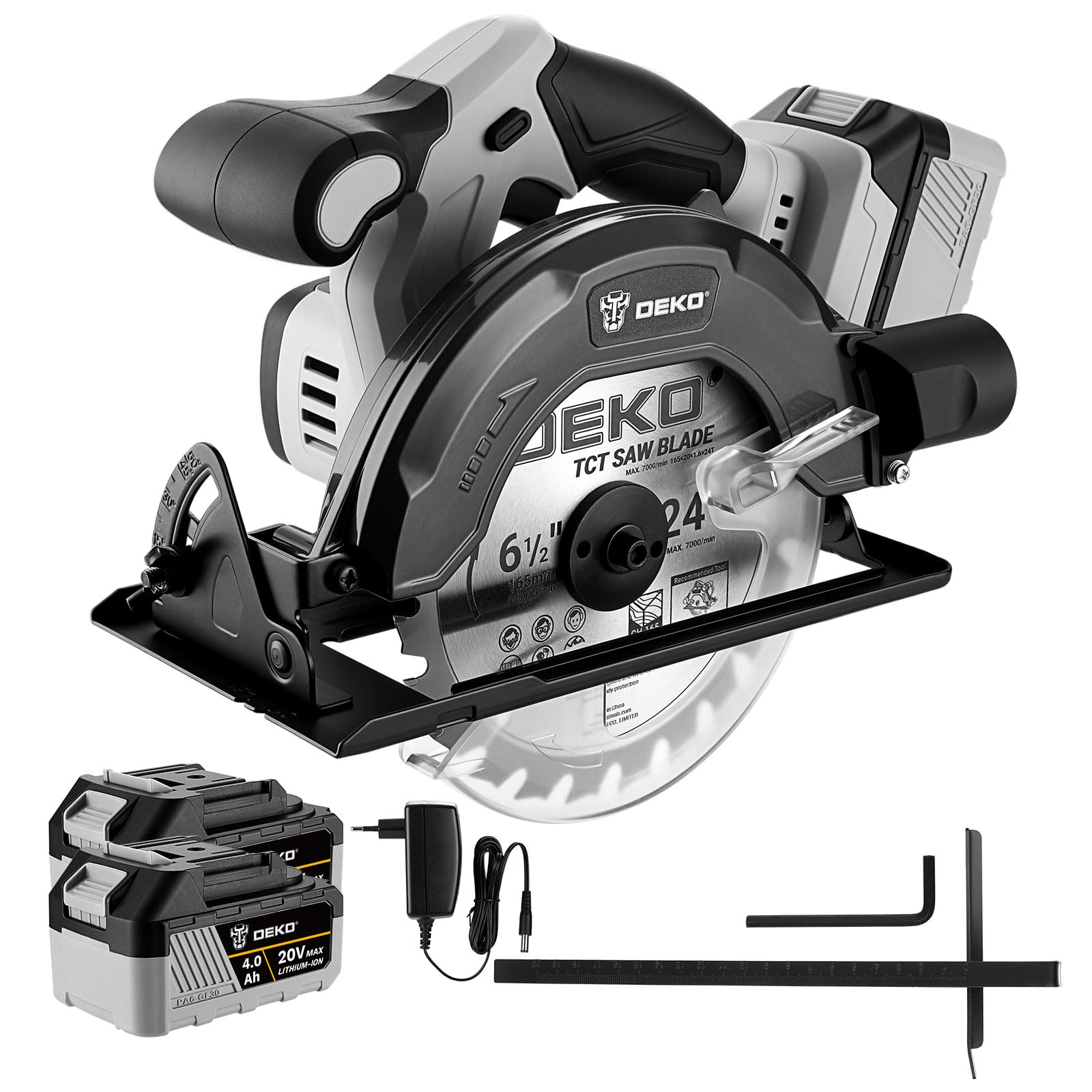 Cordless Circular Saw: DEKOPRO 20V Circular Saw, 4500RPM, with 165mm Blade, 55mm(90°), 33mm(45°) Cutting Depth, LED Light, Includes Two 4.0Ah Batteries and Charger for Cutting Wood and DIY Projects