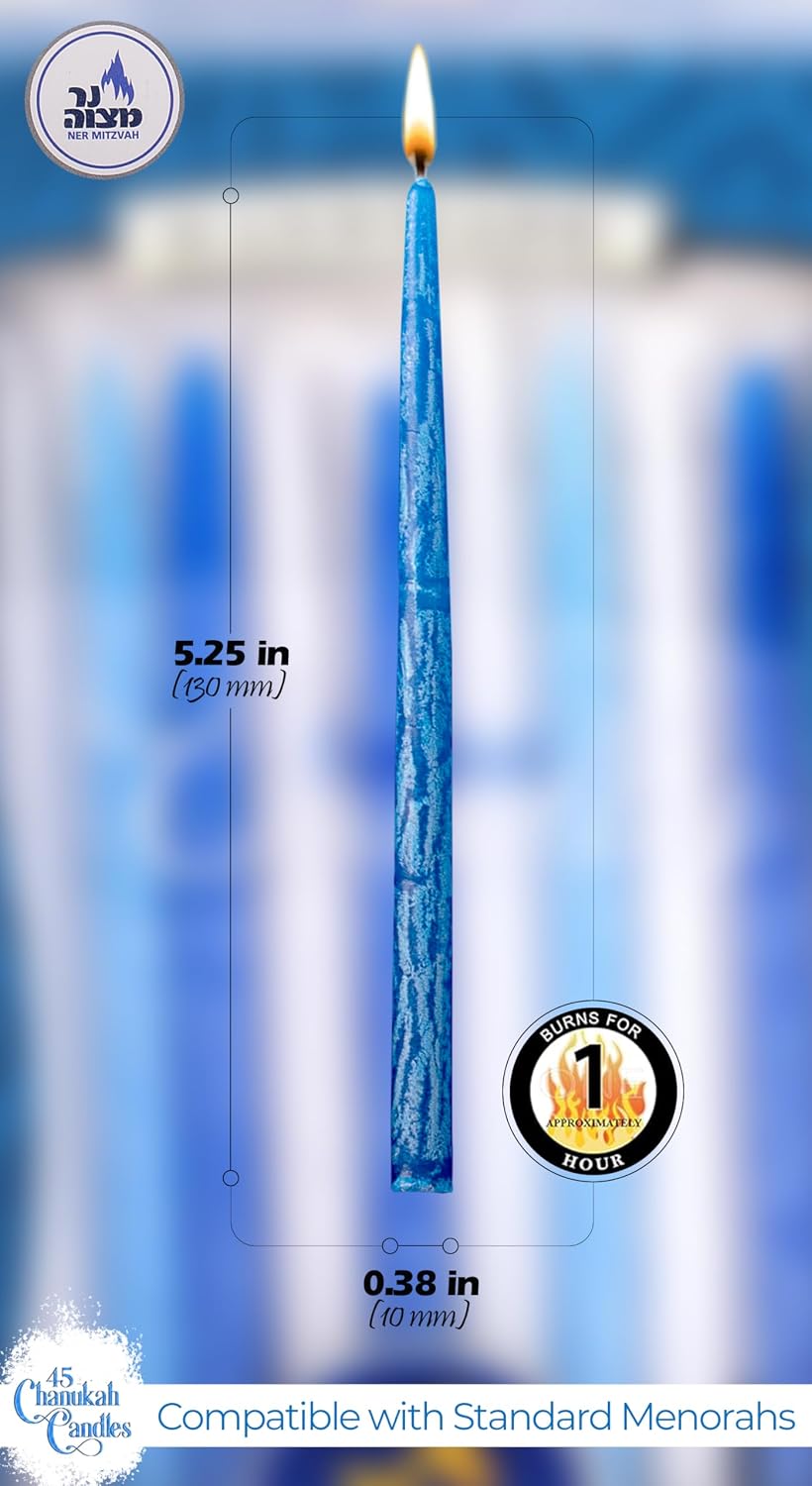 Ner Mitzvah Hanukkah Candles, Dark and Light Blue, White Dripless Chanukah Candles, Premium Quality Wax - 45 Candles for All 8 Nights