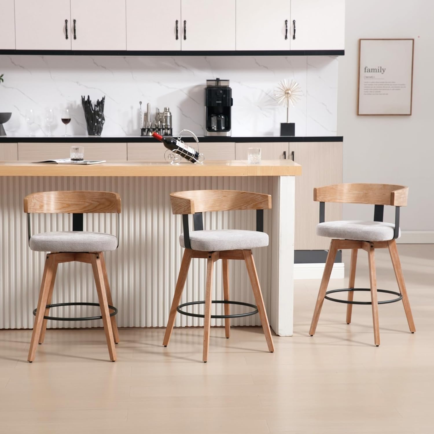 HEAH-YO Swivel Bar Stools Set of 2, 26" Counter Height Stools with Barrel Back, Grey — Mid Century Modern Style, Linen Upholstered Seat, Wood Legs, Ideal for Kitchen Island & Dining Room