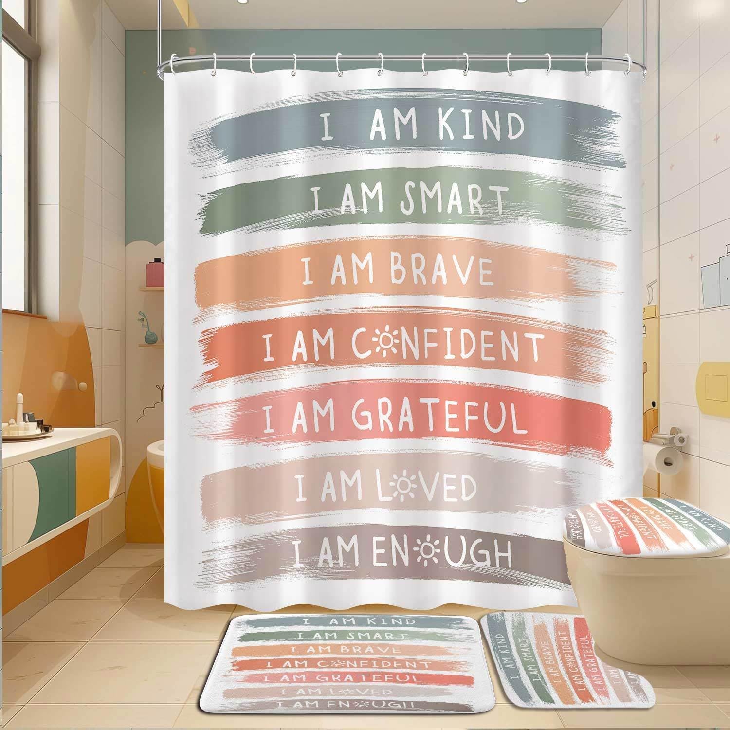 4 Pcs Rainbow Shower Curtain Sets, Teen Boy Girl Bathroom Decor, Kids Inspirational with Non-Slip Rugs and Accessories, Boho Colorful Fabric Toilet Lid Cover and Bath Mat, Shower Curtain with Hooks