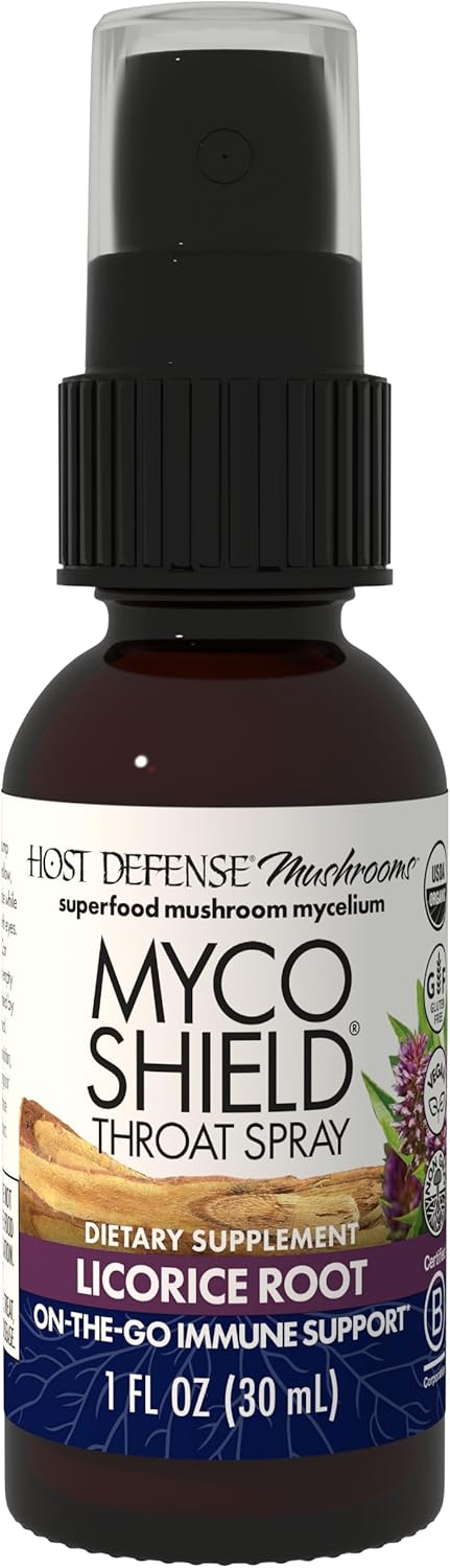 Host Defense MycoShield Throat Spray – Immune Health Support – Dietary Mushroom Supplement with Chaga, Reishi, Turkey Tail & More – On-The-Go Immune Support – Licorice Root, 1 fl oz (71 Servings) Host Defense MycoShield Throat Spray – Immune Health Support – Dietary Mushroom Supplement with Chaga, Reishi, Turkey Tail & More – On-The-Go Immune Support – Licorice Root, 1 fl oz (71 Servings)