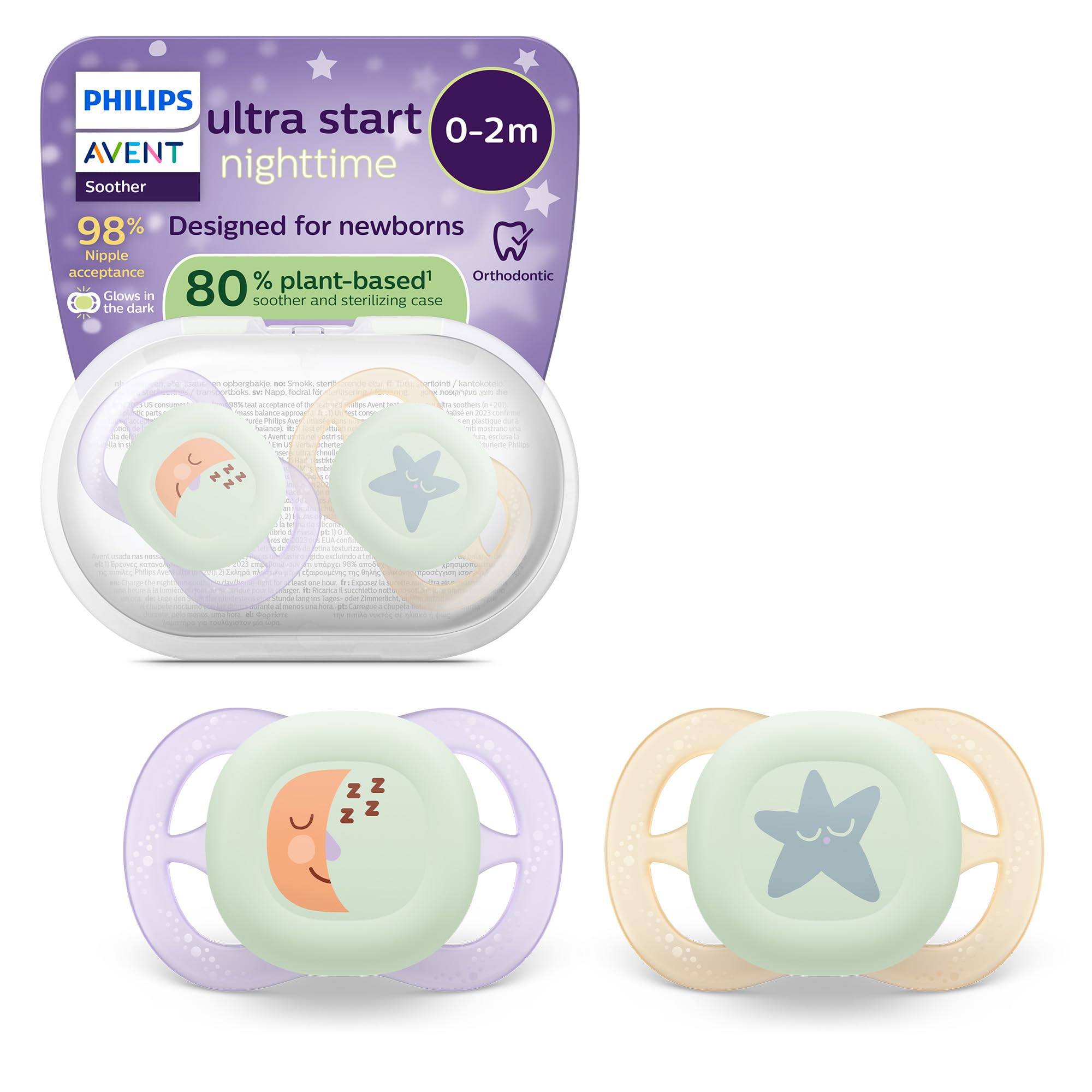 Philips Avent Ultra Start Nighttime Soothers - Orthodontic Design, for Newborns, Glow in The Dark, Soft Silicone Symmetrical Teat, BPA-Free, with Sterilizing Case, 2 Pack, SCF075/17