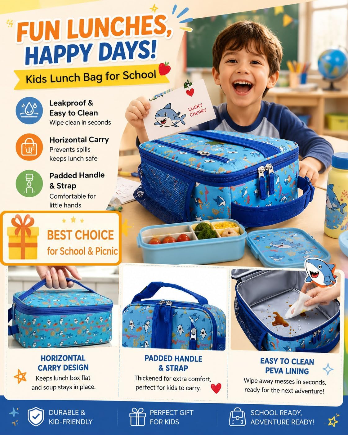 Lunch Box Kids,Cute Cartoon Insulated Lunch bag for Kids Boys Girls Portable Lightweight Small Lunchbox Special Design for school Picnic Outdoor