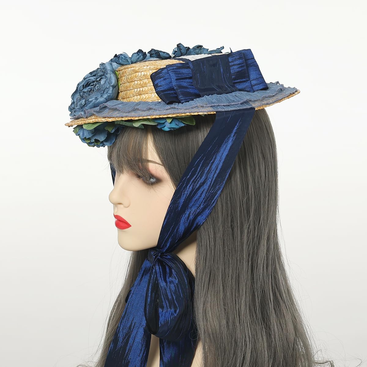 COSDREAMER Girls Womens Victorian Tea Party Hat Bows Flowers Straw Hats Blue - Image 3