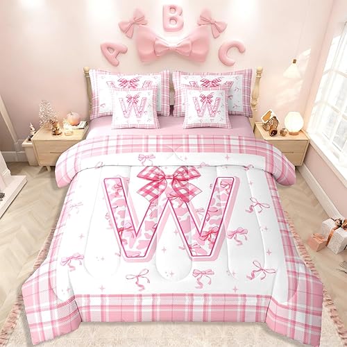 Dreamy Bow Knot Comforter Set 7 Piece Bed In A Bag Twin,Personalized Initial W B