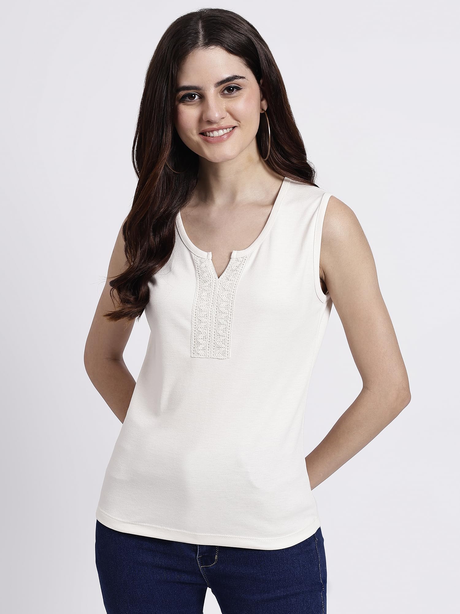 hive91 Women's Off-White Sleeveless T-Shirt with Lace V-Necklinet-picture-5
