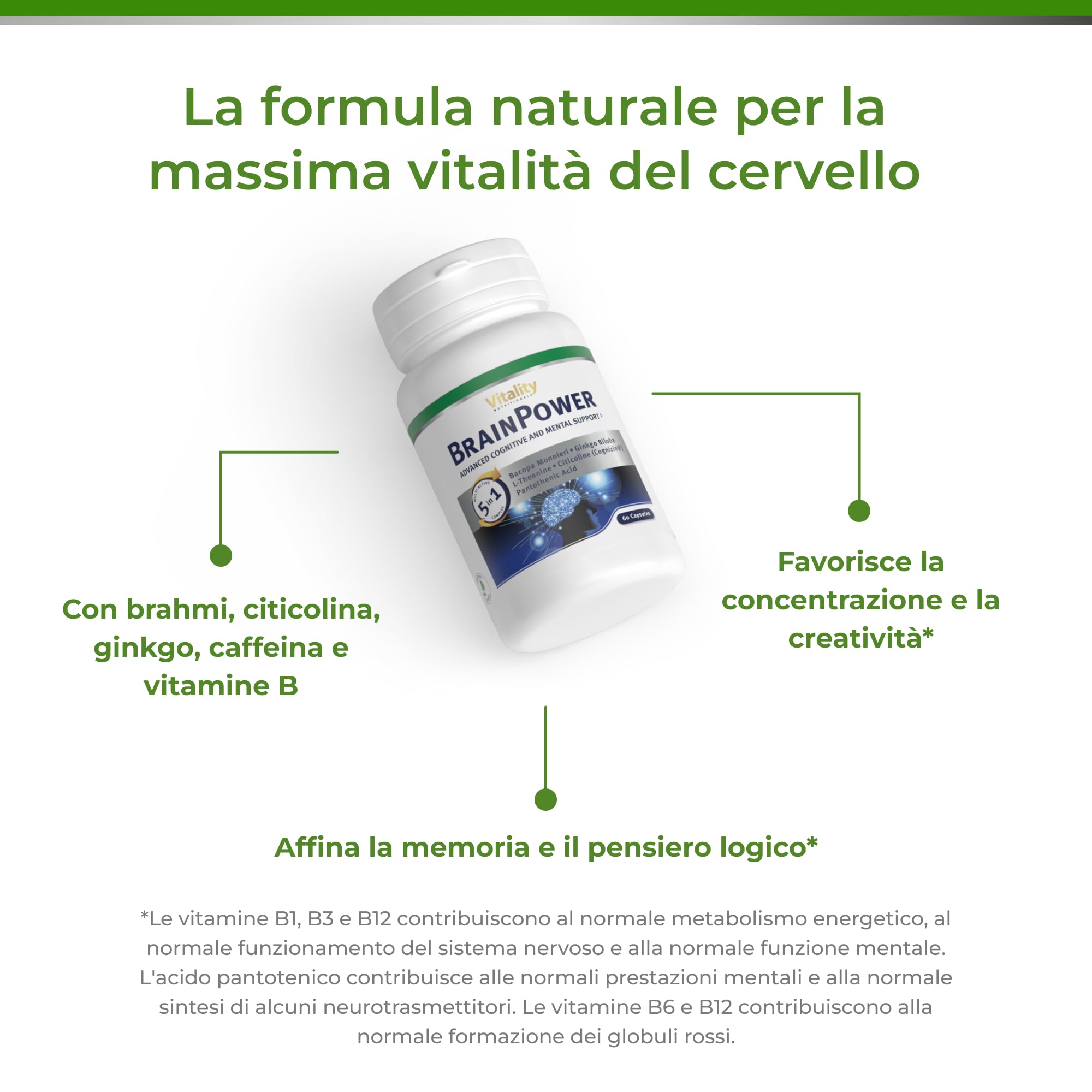 Brain Power, Ginkgo Biloba, Brahmi, Vitamina B6. Contribuisce a migliorare memoria, concentrazione, stress e l'affaticamento mentale. Vitality Nutritionals di VitaminExpress