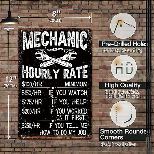 Miniatura 2 de Letreros de garaje de mecánico para hombres, reproducción de tarifa horaria mecánica, accesorios de garaje para hombres, divertidos letreros de