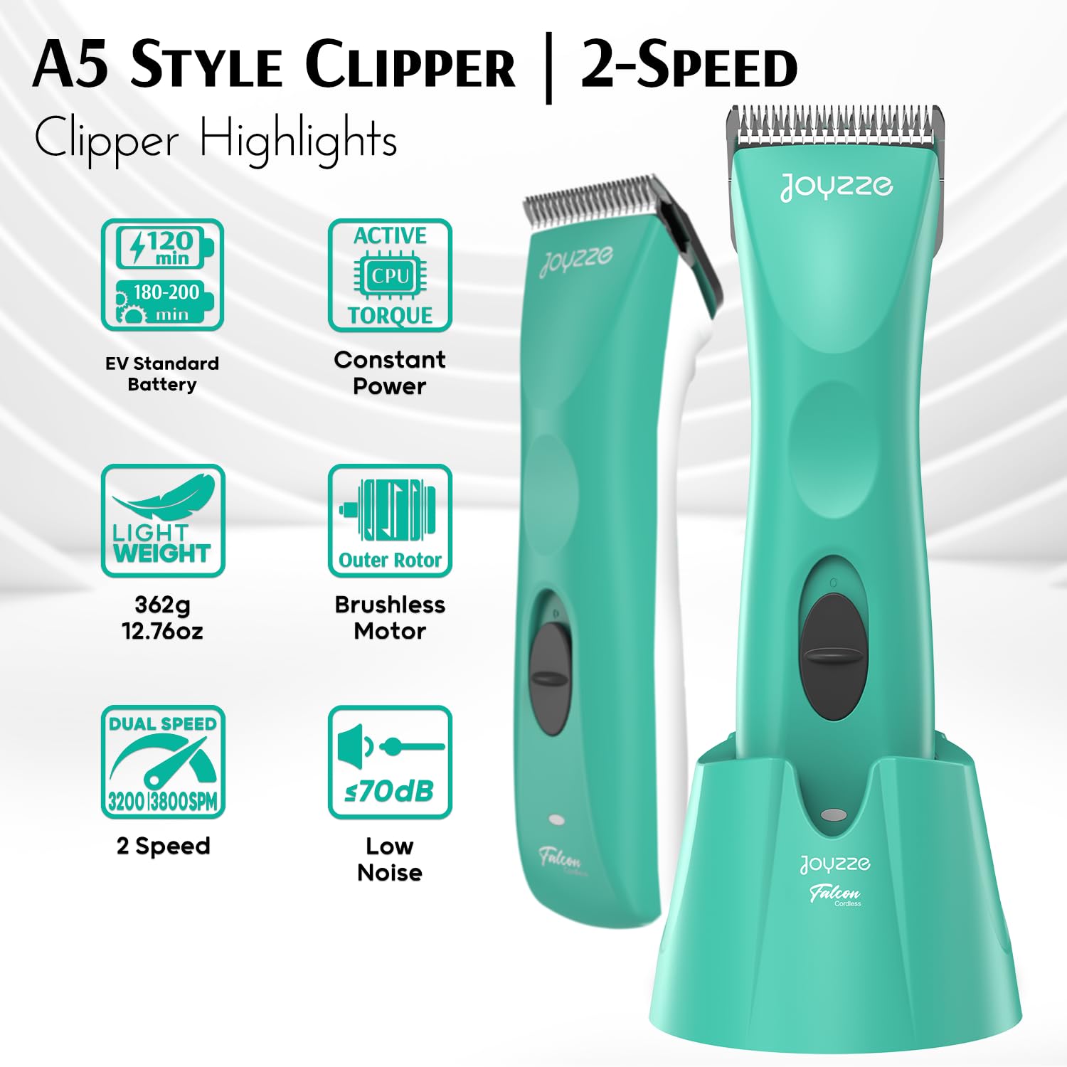 JOYZZE Falcon Cordless Clipper 2 Speed - Professional Grooming with Precision, Power, Low Noise, Dog Clippers for Grooming (Falcon Teal)
