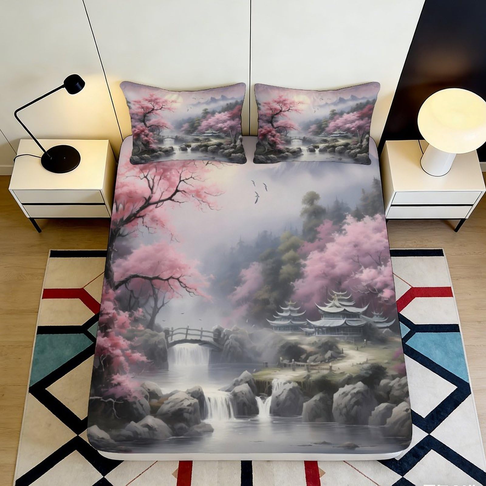 3D Printed Sakura Waterfall Fitted Sheet Microfiber Soft Oriental Pagoda Bed Cover for Bedroom Guest Room Decor 90x200x25cm