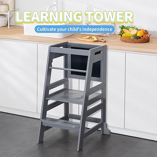 Miniatura 9 de UNICOO Taburete de cocina de bambú de altura ajustable para niños, torre de aprendizaje y taburete auxiliar para baño, encimera de cocina, diseñado