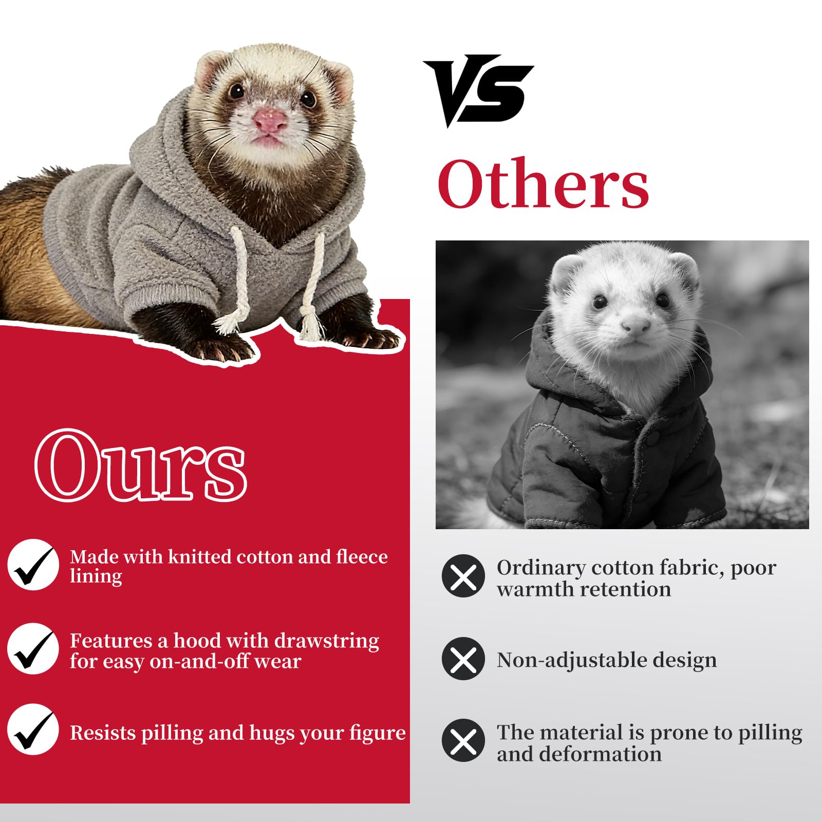 Ensemble vêtements et laisse pour furet, pull à capuche chaud avec harnais et laisse pour la promenade en plein air, vêtement confortable pour furets, chinchillas, petits animaux de compagnie, tenue