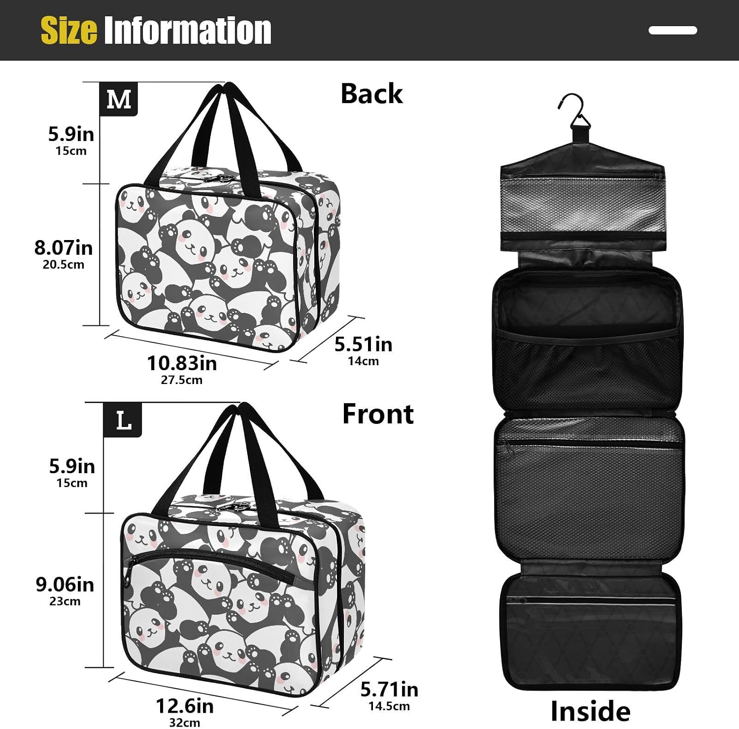 Travel Toiletry Bag for Woman/Men, Black and White Cute Panda Bear Hanging Organizer Bag with Pockets Portable Folding Travel Case Bags for Makeup Cosmetic Toiletries Storage Traveling-L