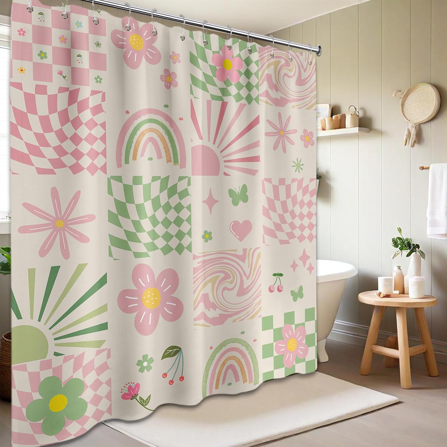 Retro Shower Curtain Cute Pink Y2k Groovy Girls Floral Bathroom Decor, Waterproof Cloth Fabric with Hooks 60" W x 72"