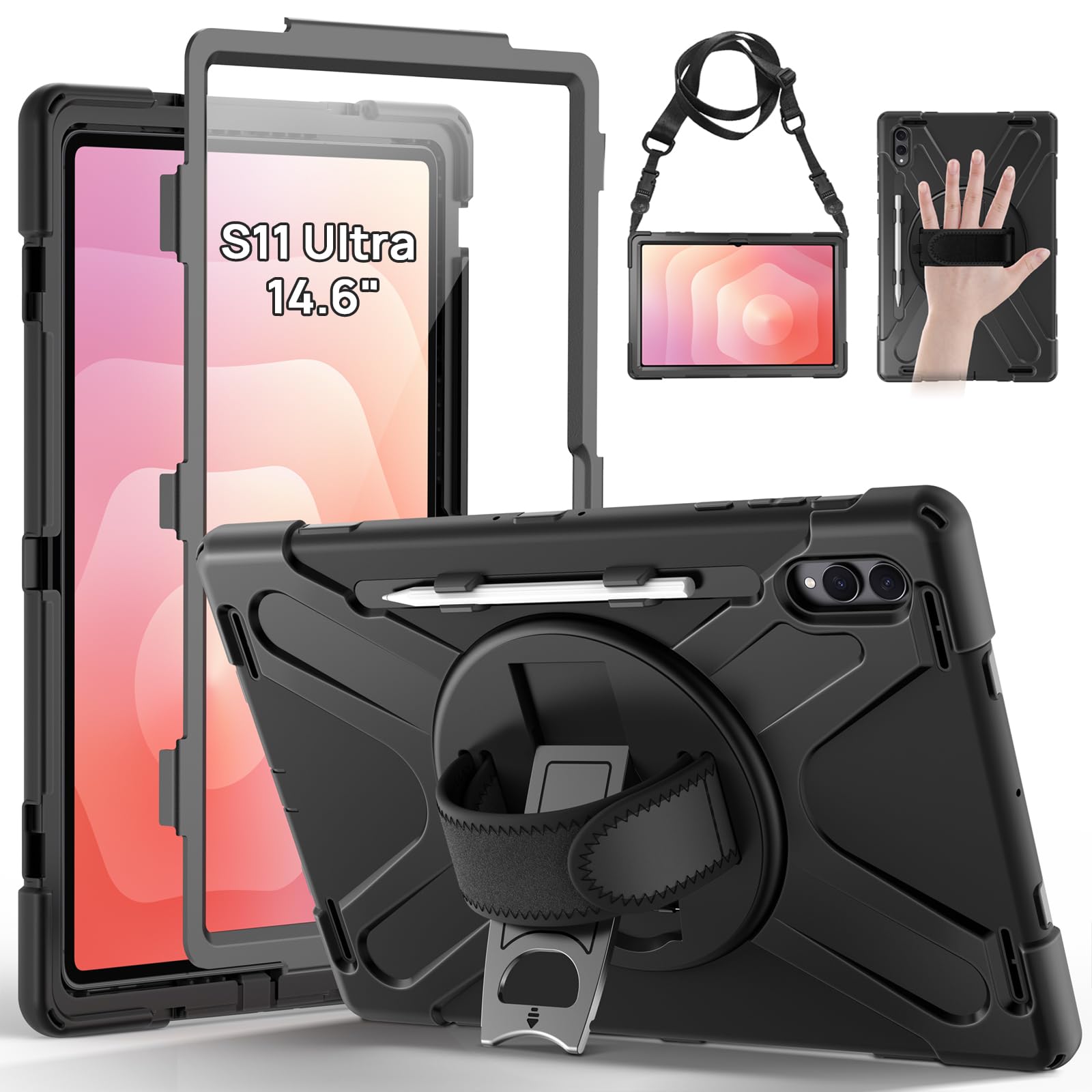 Gerutek Etui do Samsung Galaxy Tab S11 Ultra 37.1 cm 2025, odporne na wstrząsy etui do tabletu Samsung S11 Ultra, wytrzymałe, wytrzymałe etui z osłoną ekranu, obracający się o 360 stojak/pasek na rękę