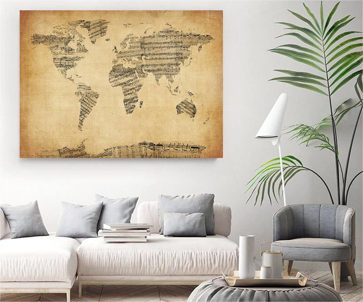 VERRE ART Printed Framed Canvas Painting for Home Decor Office Wall Studio Wall Living Room Decoration (34x22inch Wrapped) - Map Of The World Map From Old Sheet Music Print 1
