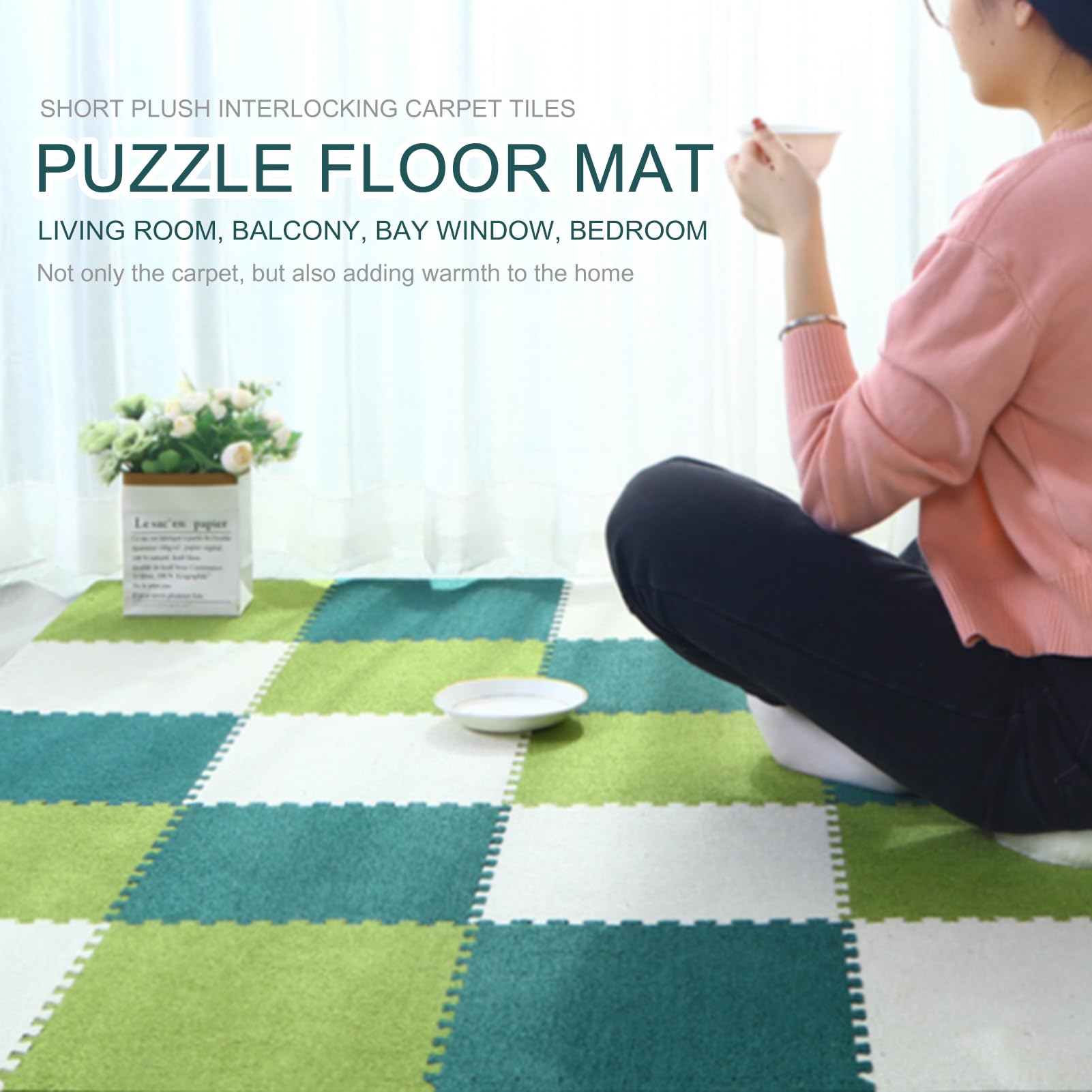 Krótki pluszowy dywanik podłogowy typu puzzle, 10 sztuk, typ puzzli, kwadratowy, przeplatany, odpowiedni na wszystkie pory roku, czarny