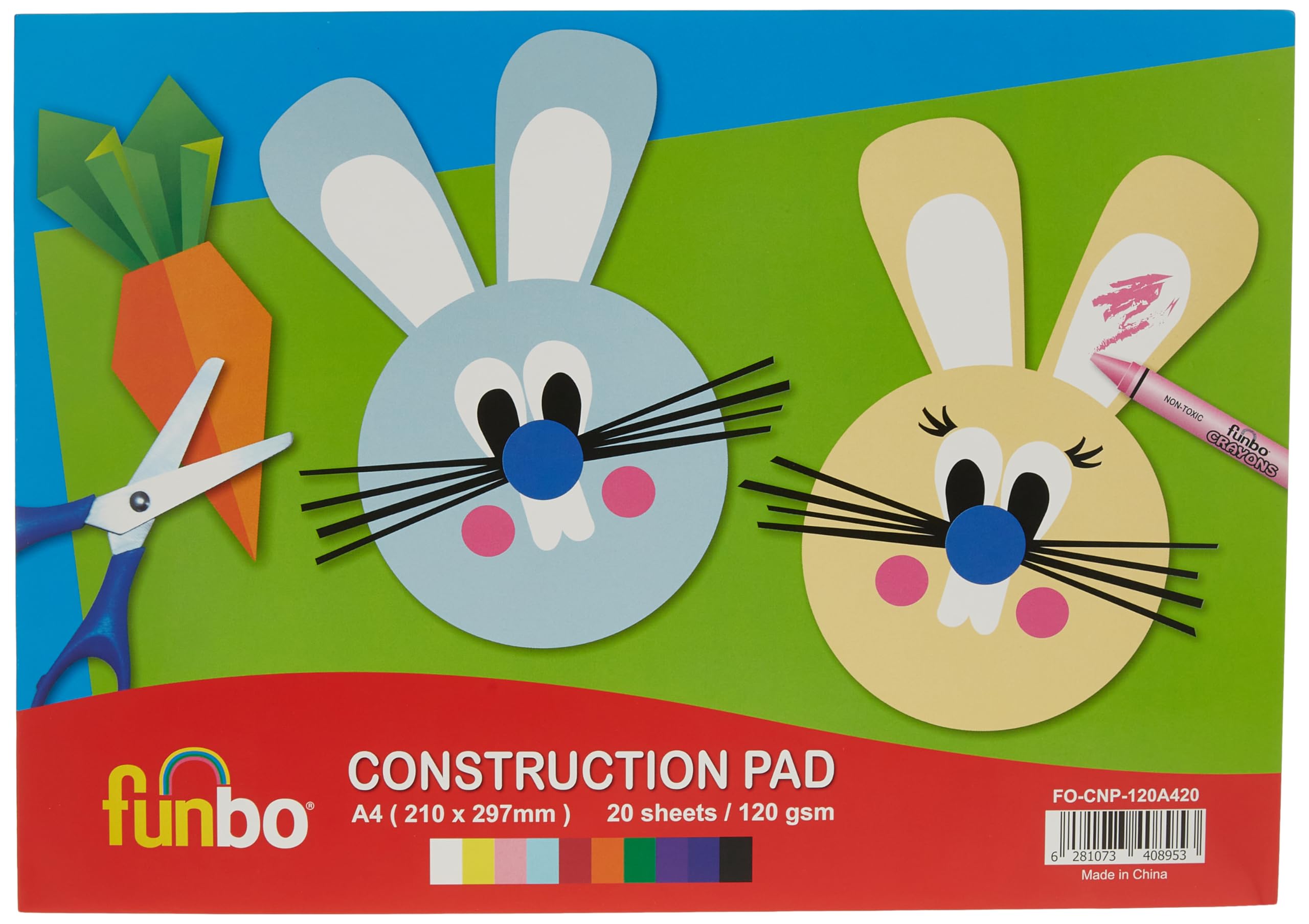 Funbo 120 gsm 20 Sheets Construction Pad, A4 Size, 10 Assorted Colours