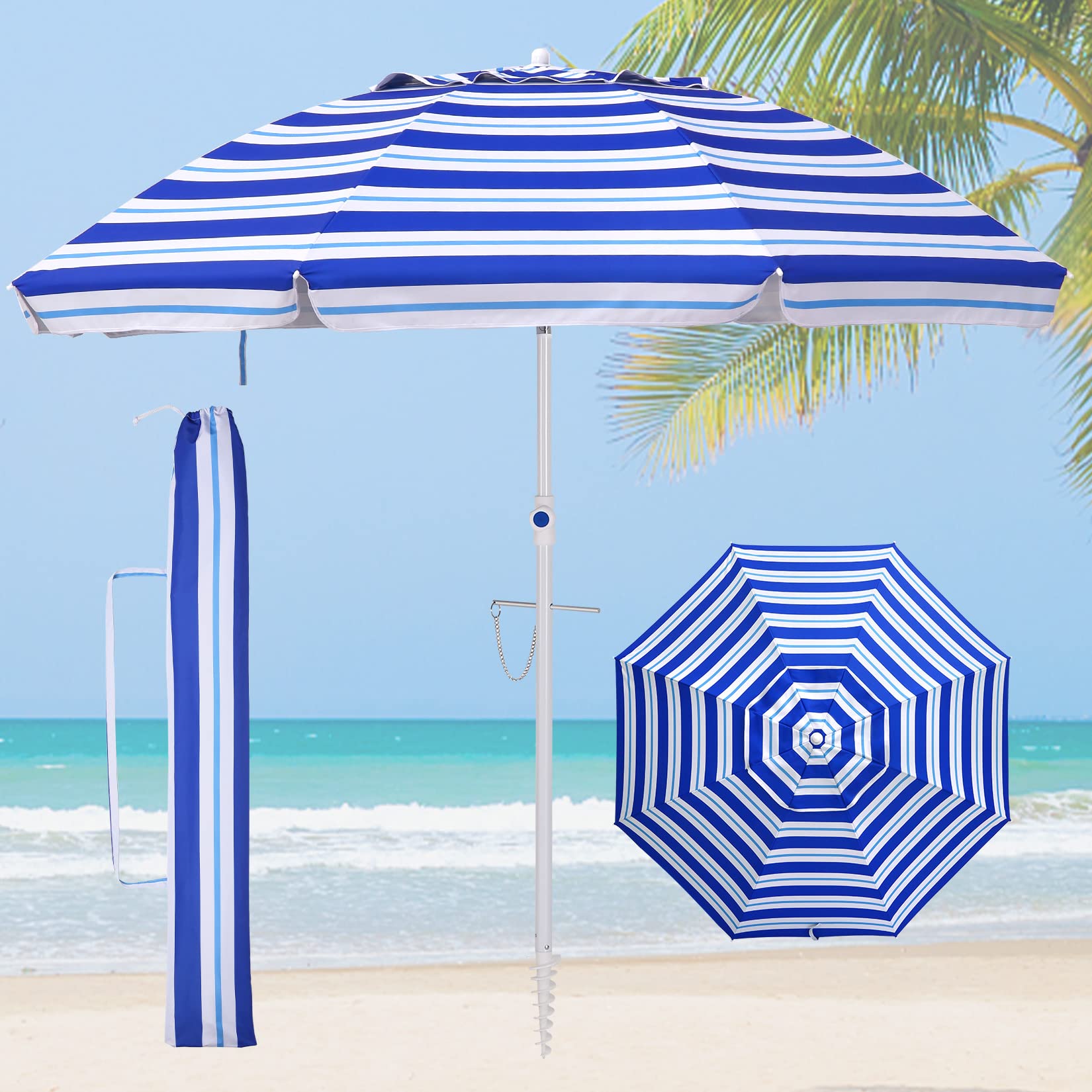 KUNRAM 7.5FT Portable Beach Umbrella with UV 50+ Protection, Push Button Tilt, Sand Anchor, and Carry Bag