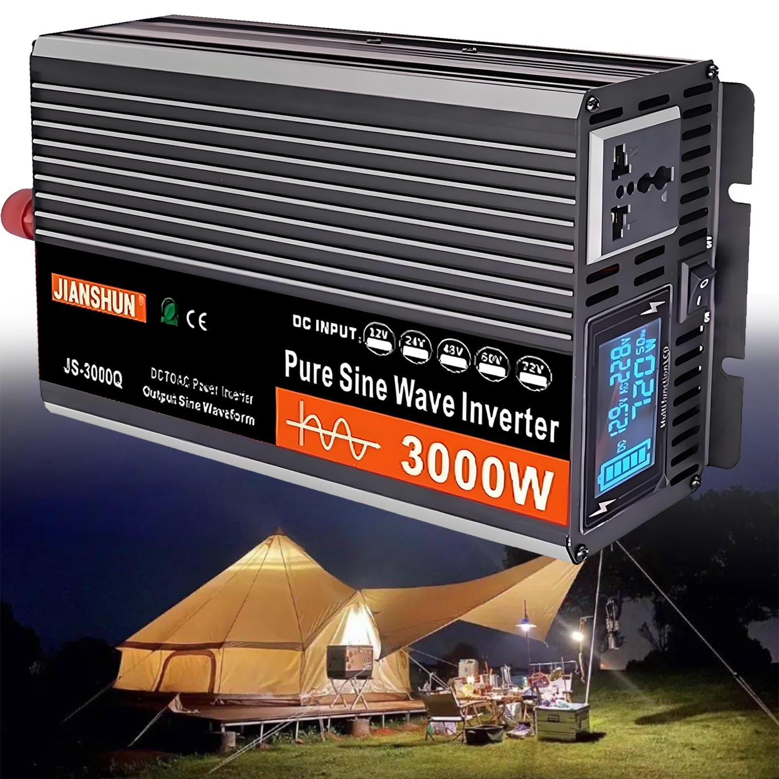 Convertidor Onda Pura ​3000W 4000W 5000W 6000W Inversor DC 12V/24V/48V/60V/72V a AC 110V/220V ​Transformador,para Camion Instalacion Solar Power Inverter,con Pantalla Digital Y Toma(3000W,24Vto110V)