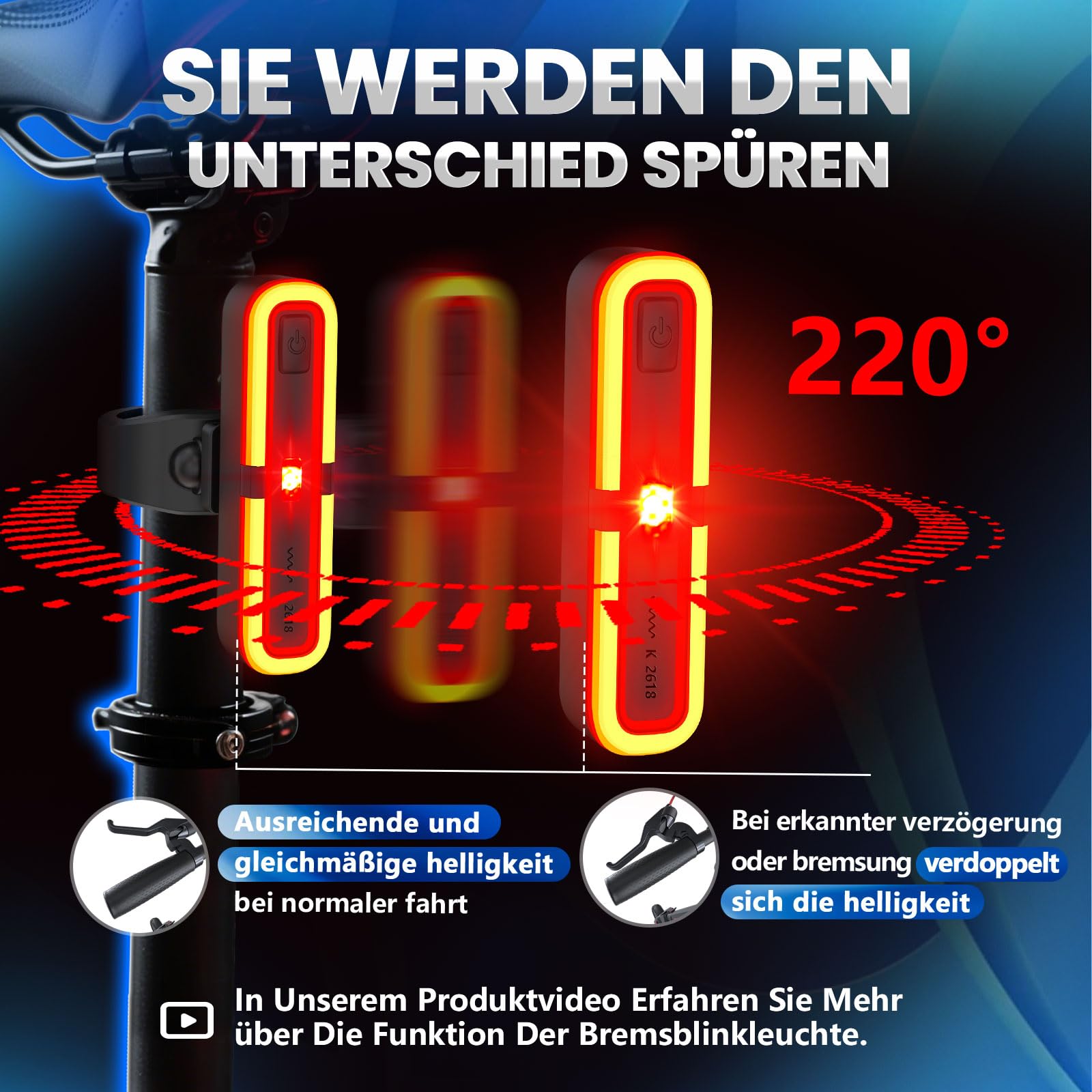 FORTRY Set Di Luci Per Bicicletta Con Funzione Di Lampeggiamento Del Freno, Omologato StVZO, Luce Della Ruota A LED Per Bicicletta, IPX5