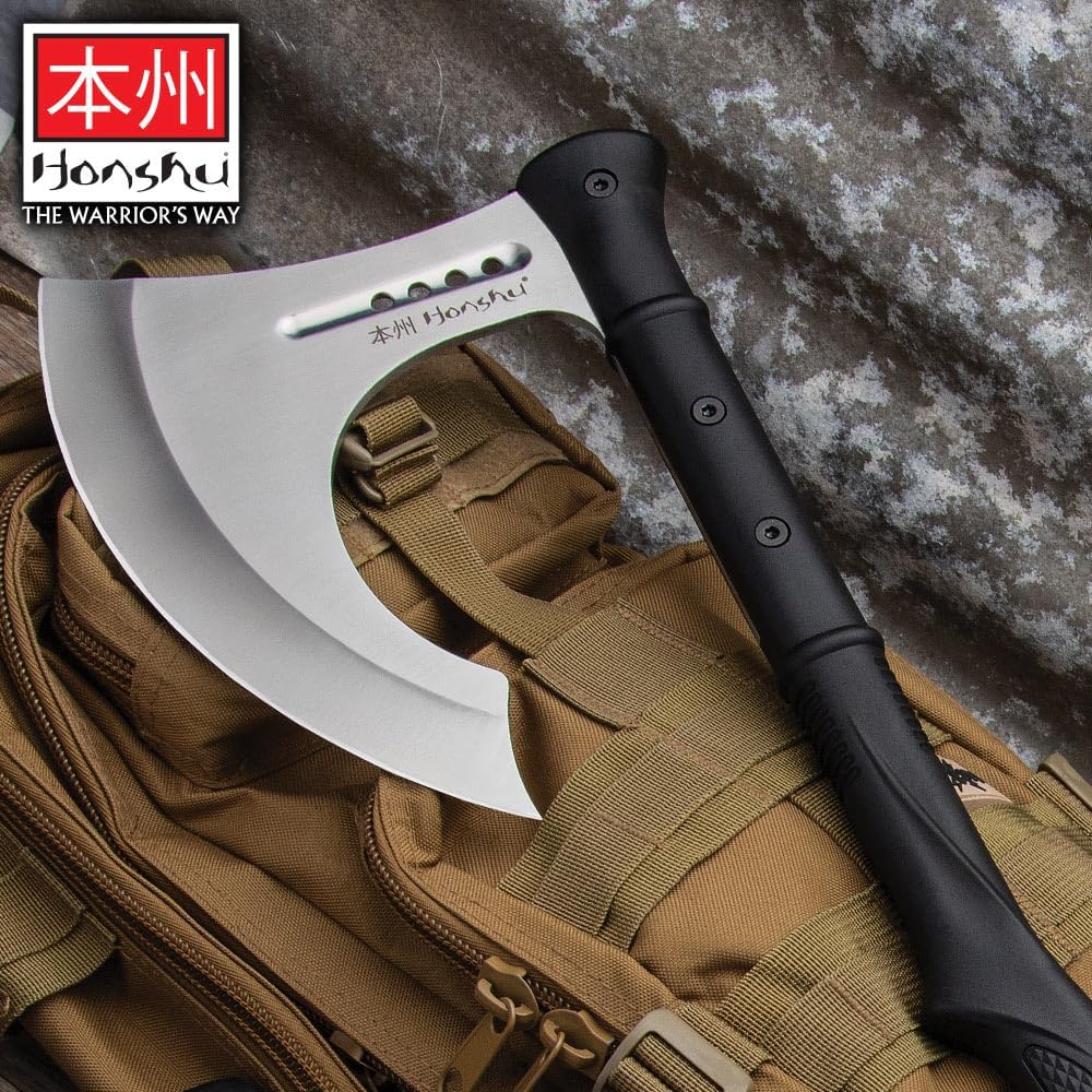 HONSHU Karito Battle Axe with Leather Sheath - 7Cr13 Stainless Steel Blade, Impact-Resistant Injection-Molded Nylon Handle, EDM Textured - Tradition and Innovation - Great for Breaching - Length 27”