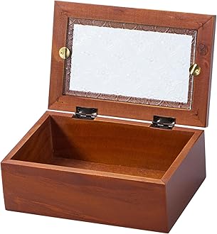 Useekoo Vintage Wooden Storage Box, 7.1”x4.7”x2.7”, Brown Pine Keepsake Box with Glass Lid & Front Clasp, Perfect for Jewelry, Wedding, Pearls