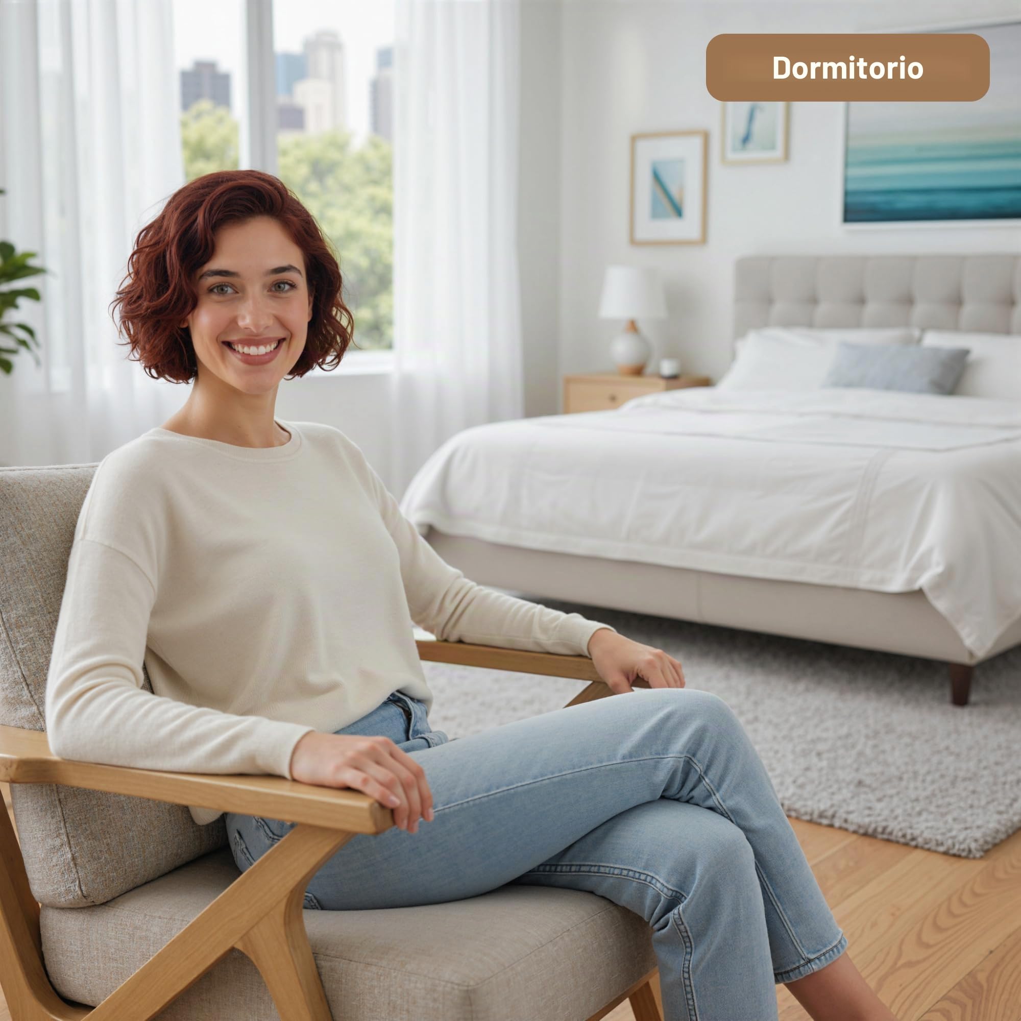 HOMCOM Sillón escandinavo Tela Efecto Lino Cojines Gruesos Beige | Asiento acolchado, patas de madera de caucho, silla de sala de estar, dormitorio, rincón de lectura