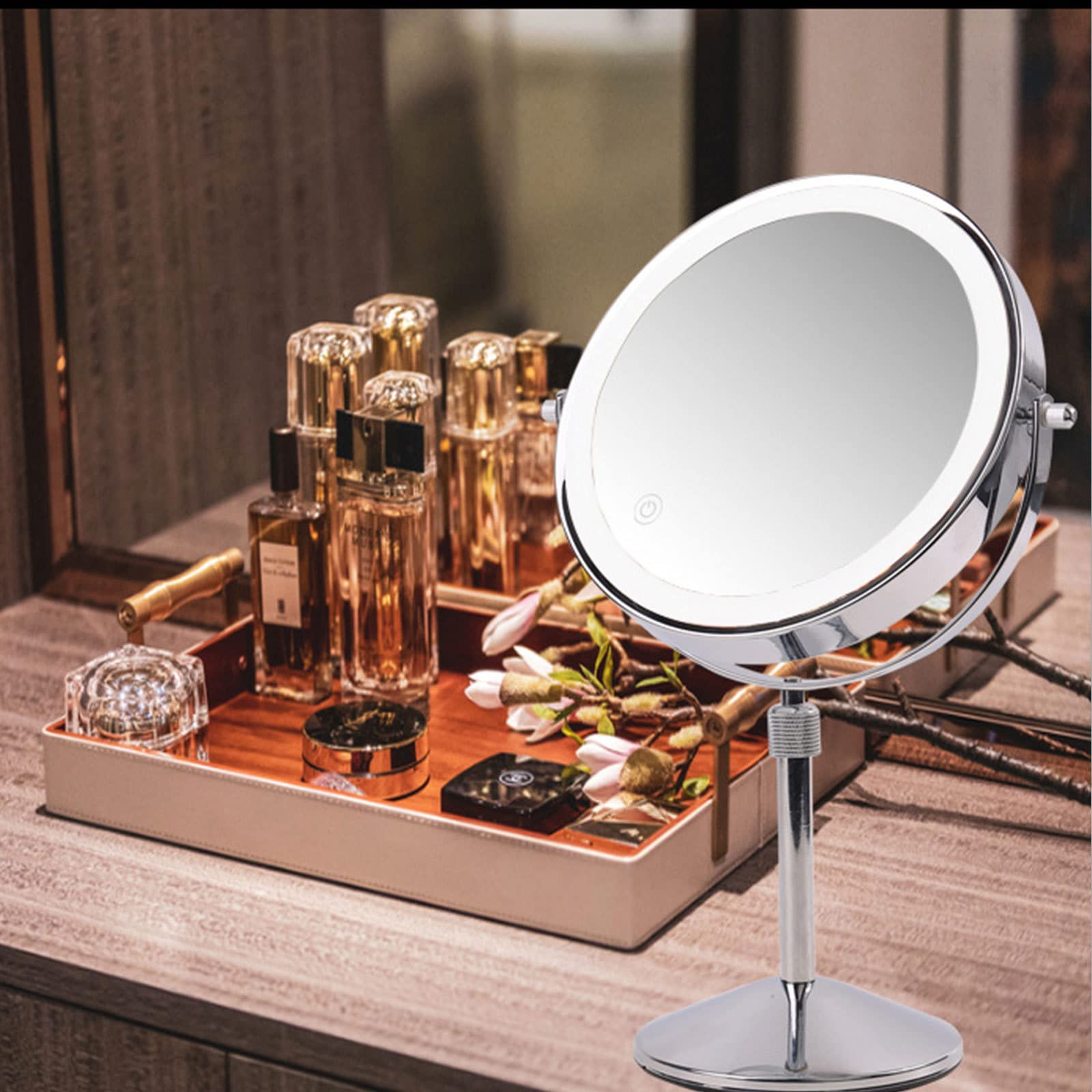 Espejo de Maquillaje Iluminado Recargable de 7 '' con elevación y Aumento, Espejo cosmético de encimera Redondo Ajustable para tocador, tocador, baño, Ampliación a Doble Cara,1X/3X