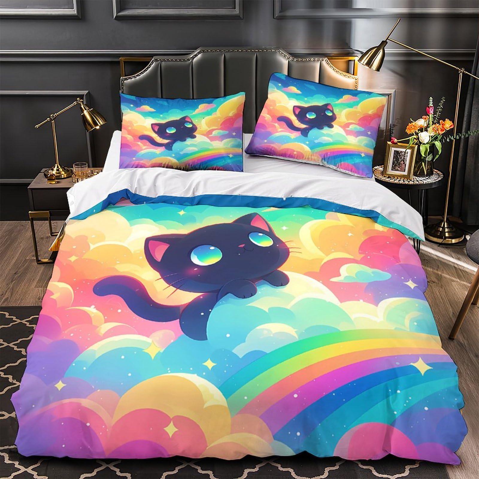 Parure de lit chat noir 3D en microfibre 135x200cm pour lit simple avec housse de couette