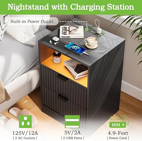 Miniatura 5 de Black Night Stand Set 2, LED Nightstand with Charging Station,Wood Side Table Living Room,Fluted NightStands with 2 Drawers, End & Bedside Tables