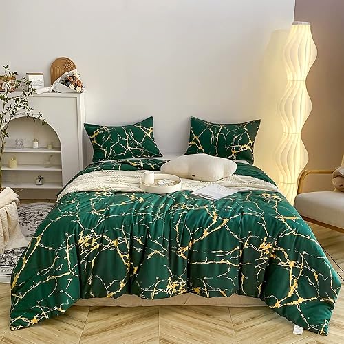 Miniatura 1 de Donaness Juego de edredón de mármol metálico con purpurina dorada y verde dorado, juego de ropa de cama de lujo con estampado de papel de aluminio