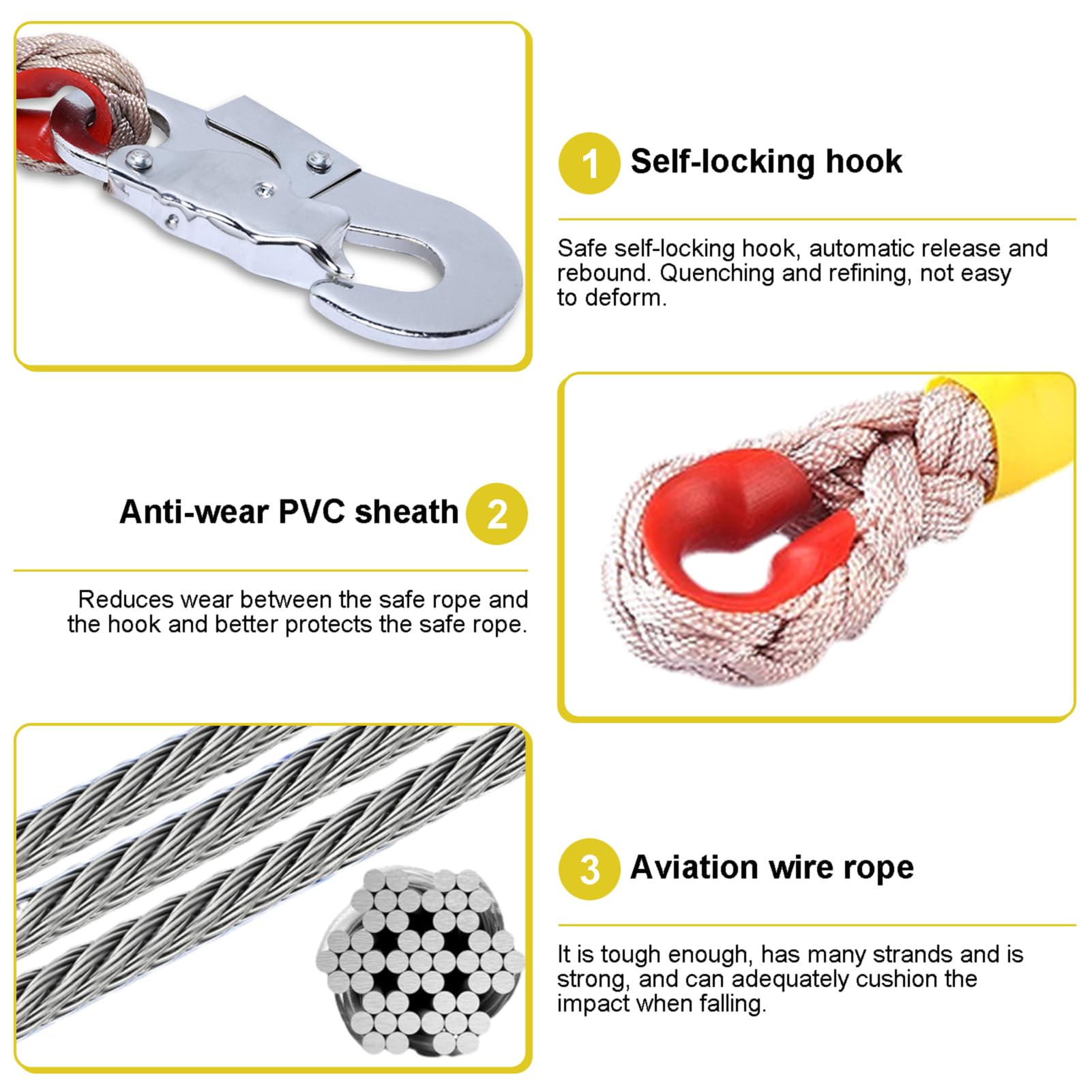Dispositivo Anticaduta Retrattile Certificato, 150kg Imbracatura di Sicurezza Anticaduta Tetto, 3-20m Dispositivo Retrattile di Sicurezza Anticaduta Lavoro Aereo(Giallo,20 metri)