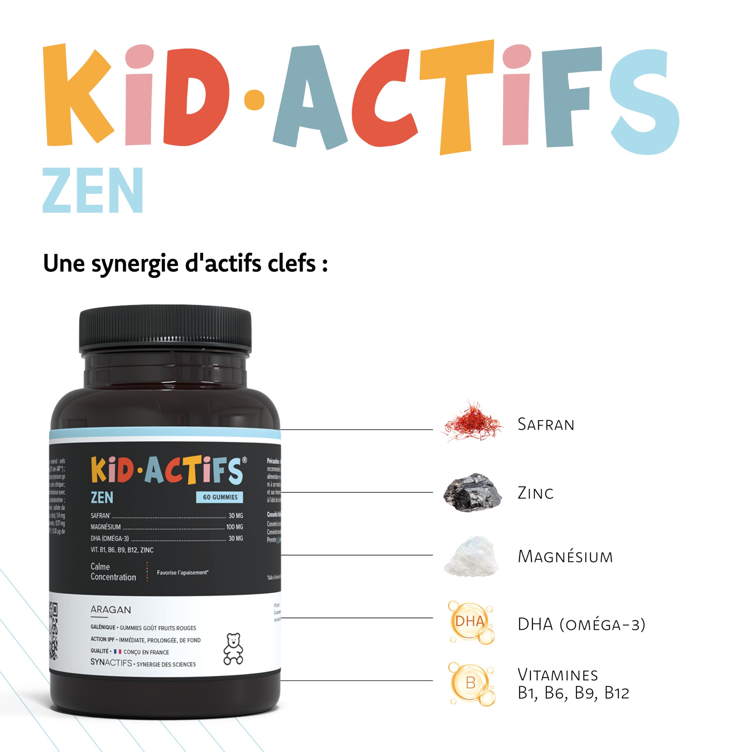 Kidactifs Zen Gummies Anti Stress Enfant Goût Fruits Rouges - Omega 3, Magnesium, Safran, Vitamines, Zinc - +3 Ans - Aragan - 30 Jours
