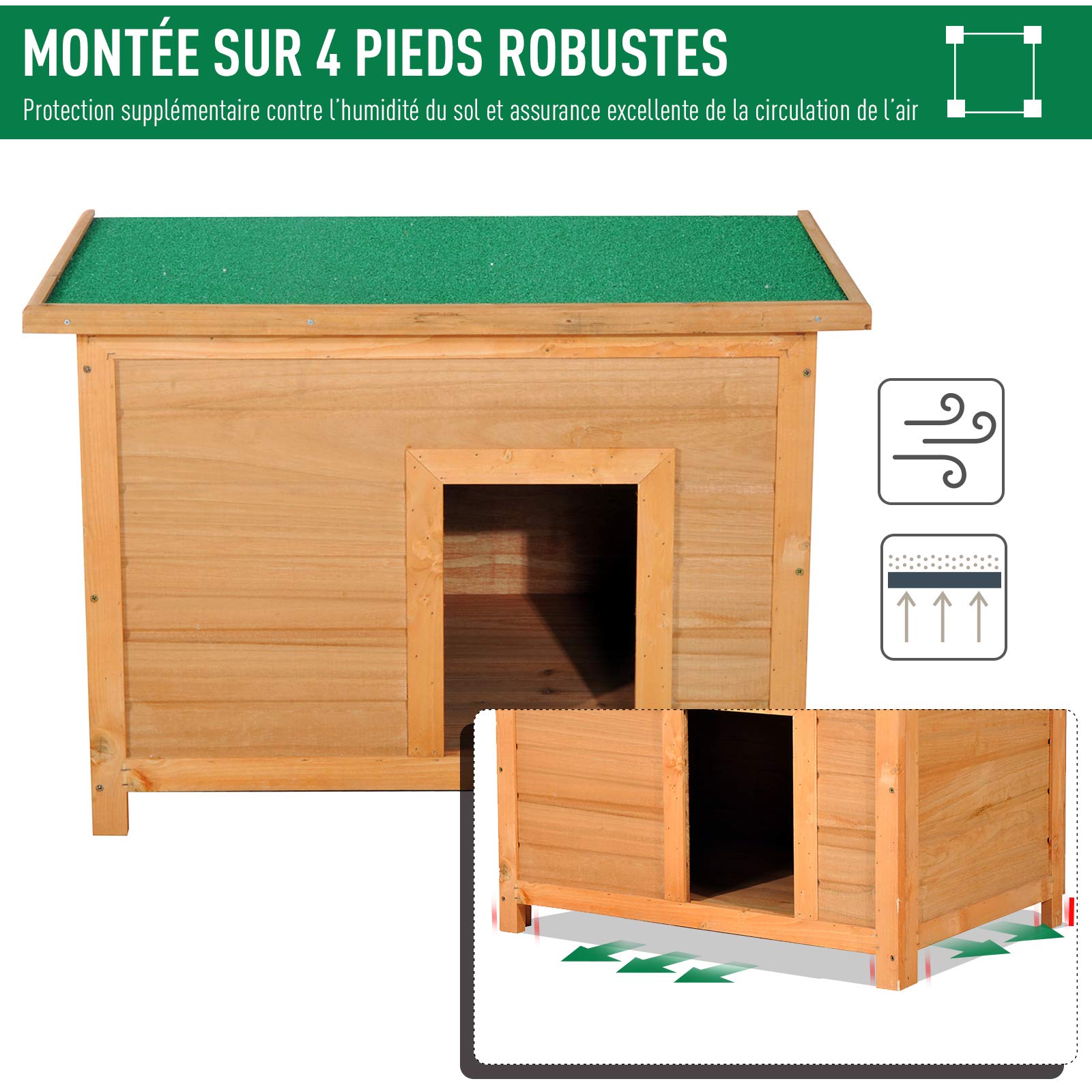 PawHut Niche pour Chien Chat en Bois sur Pied chenil Toit ouvrant bitumé 85 x 58 x 58 cm pin Massif pré-huilé Marron Vert