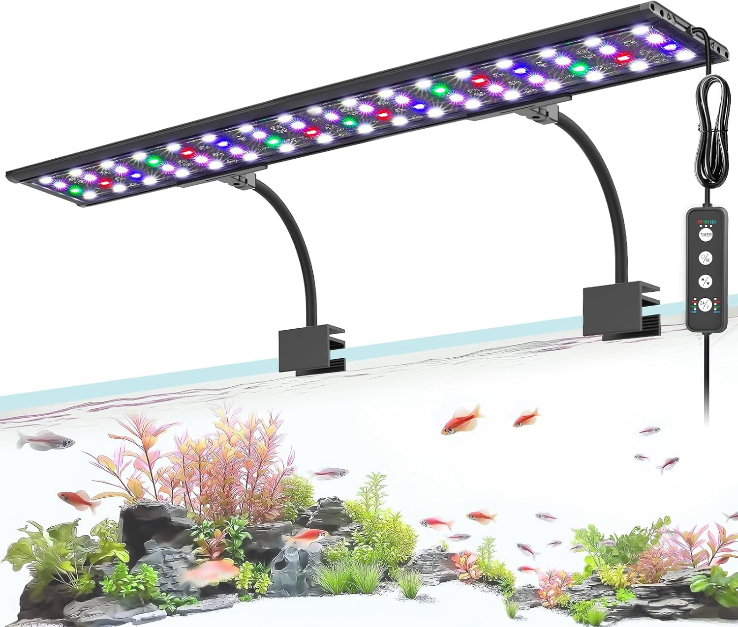 AQQA LED Aquarium Light, 24/7 Mode Clip on Fish Tank Light, Full Spectrum Aquarium Plant Light with Memory Function, Adjustable Timer/Brightness, IP68 Waterproof for 80-100cm Tank, 30W