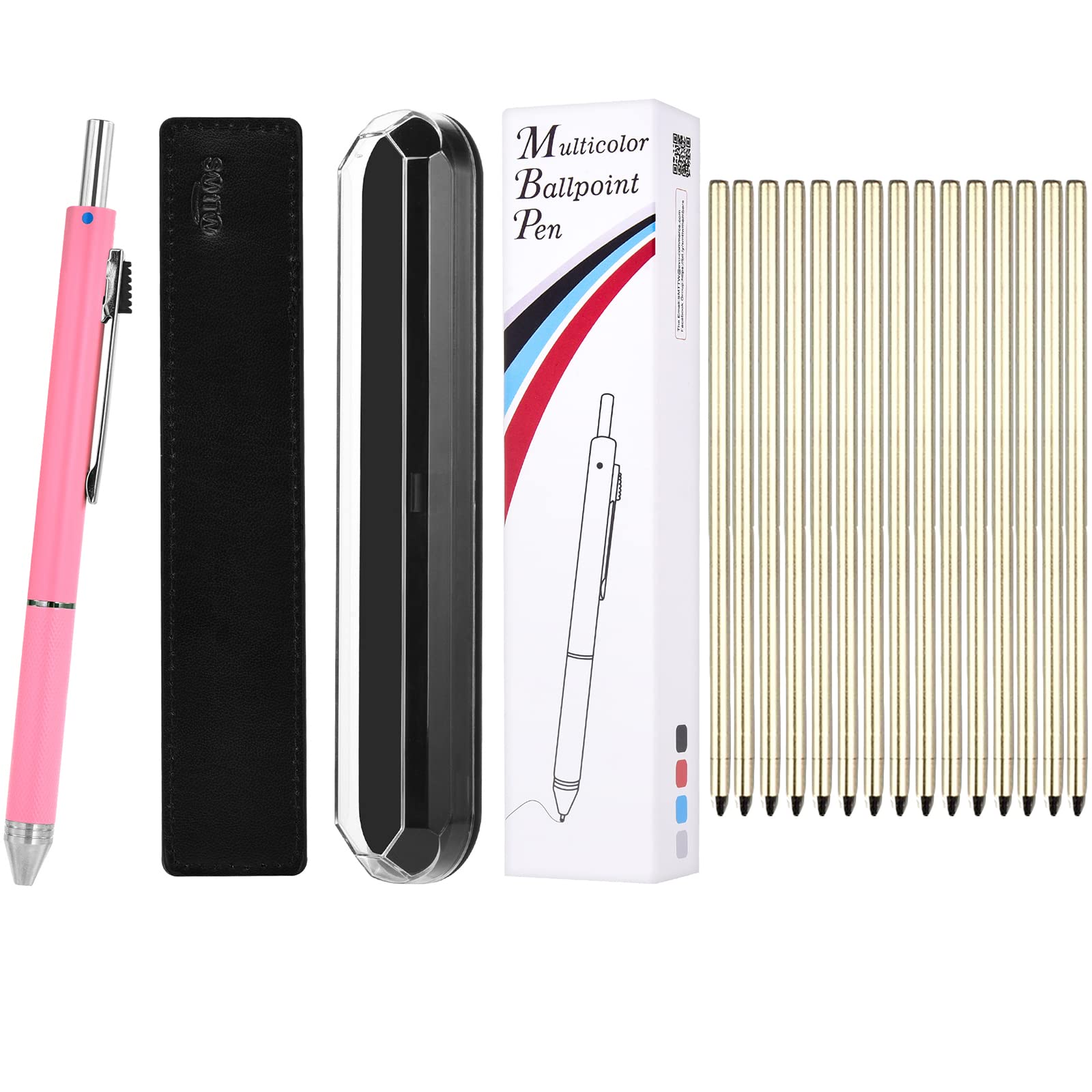 smttw 4-in-1Multicolor Pen,Mechanical Pencil&Black Red Blue Metal Pen,Multi Colored Pens in One with Portable Case,Refillable Ballpoint Pen with Gift Box,Ballpoint with Pen Ink Refills(Pink)