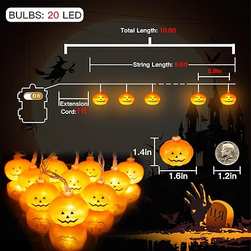 Miniatura 10 de suddus 20 luces LED Gloden para decoración de Halloween, cadena de luces de calabaza de 9.8 pies, funciona con pilas con 8 modos, luces de Halloween